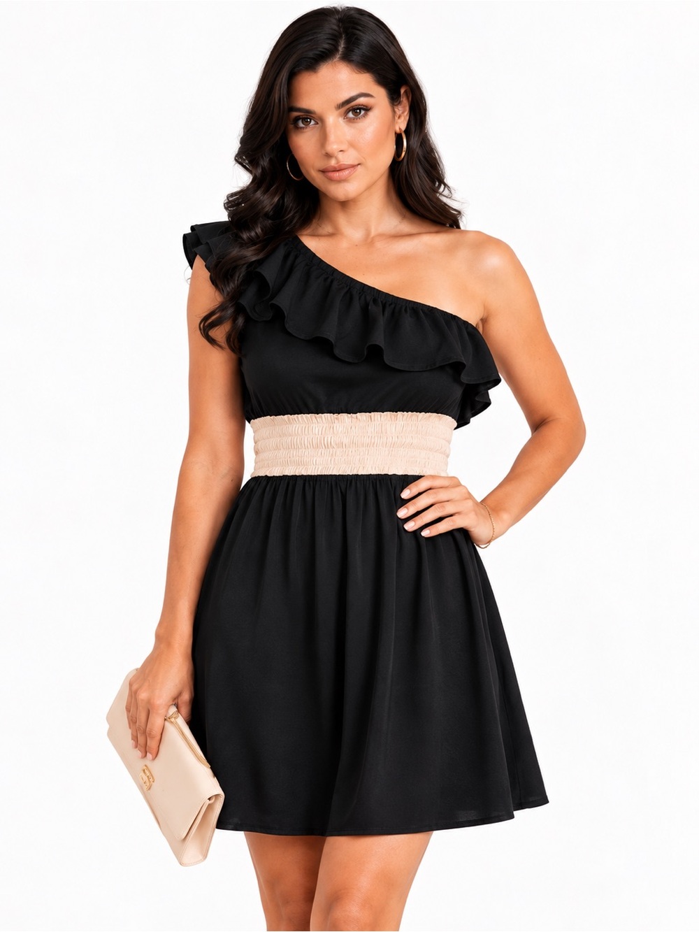 Skatie Black Beige One Shoulder Ruffle Mini Dress Stretchy Cocktail Party